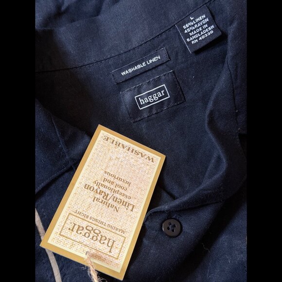 New Haggar Shirt Large Mens Black Washable Linen Casual Button Collared Short - Picture 6 of 9